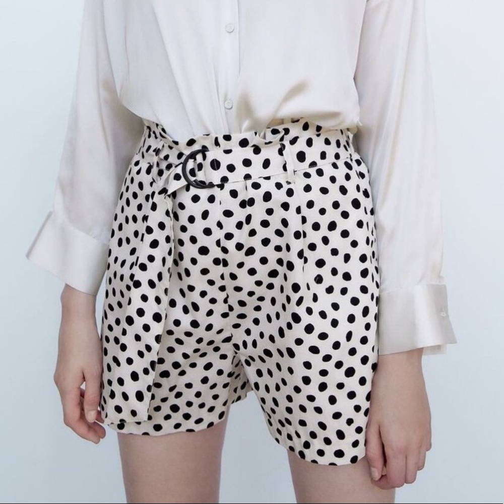 “NEW” Zara Cotton Black & White Polka Dot Belted Paper Bag‎ Waist Shorts SZ XS